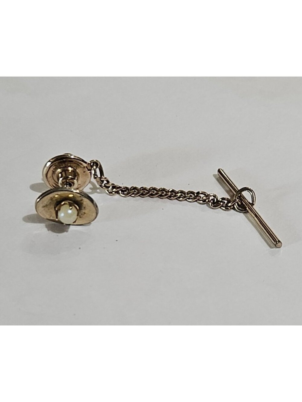 Vintage Tie Tack Pin Goldtone Faux Pearl